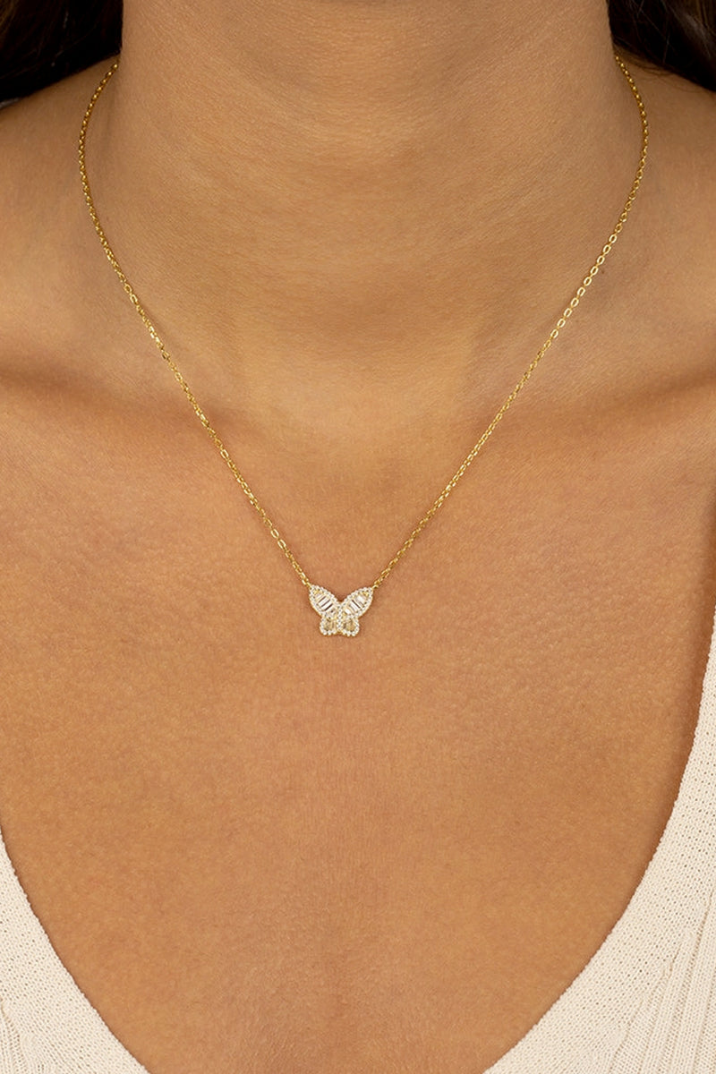 Pave X Baguette Butterfly Necklace