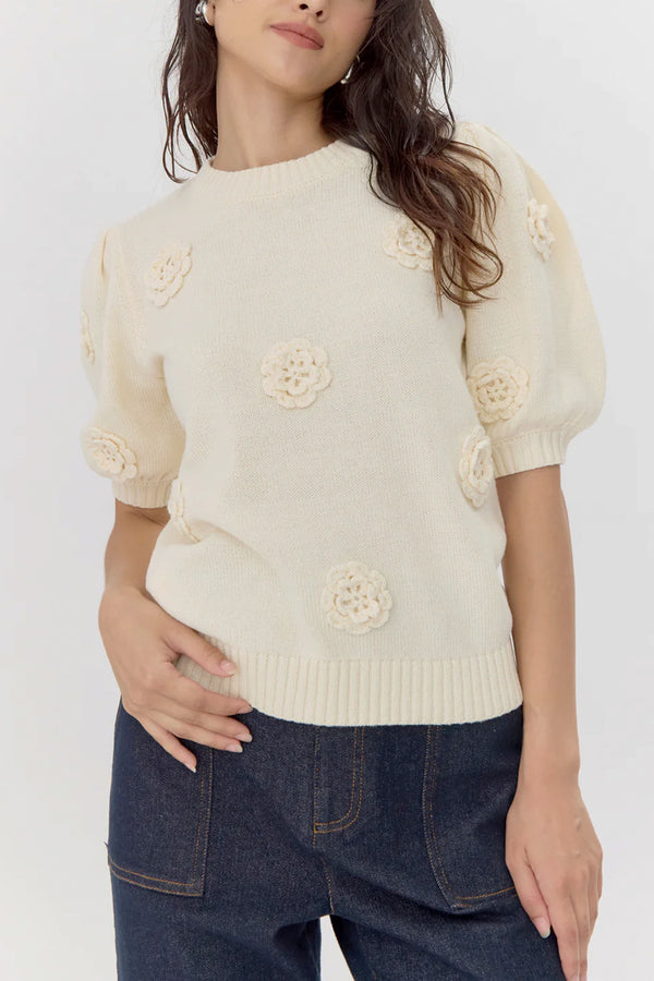 Bria Rosette Puff Sleeve Sweater