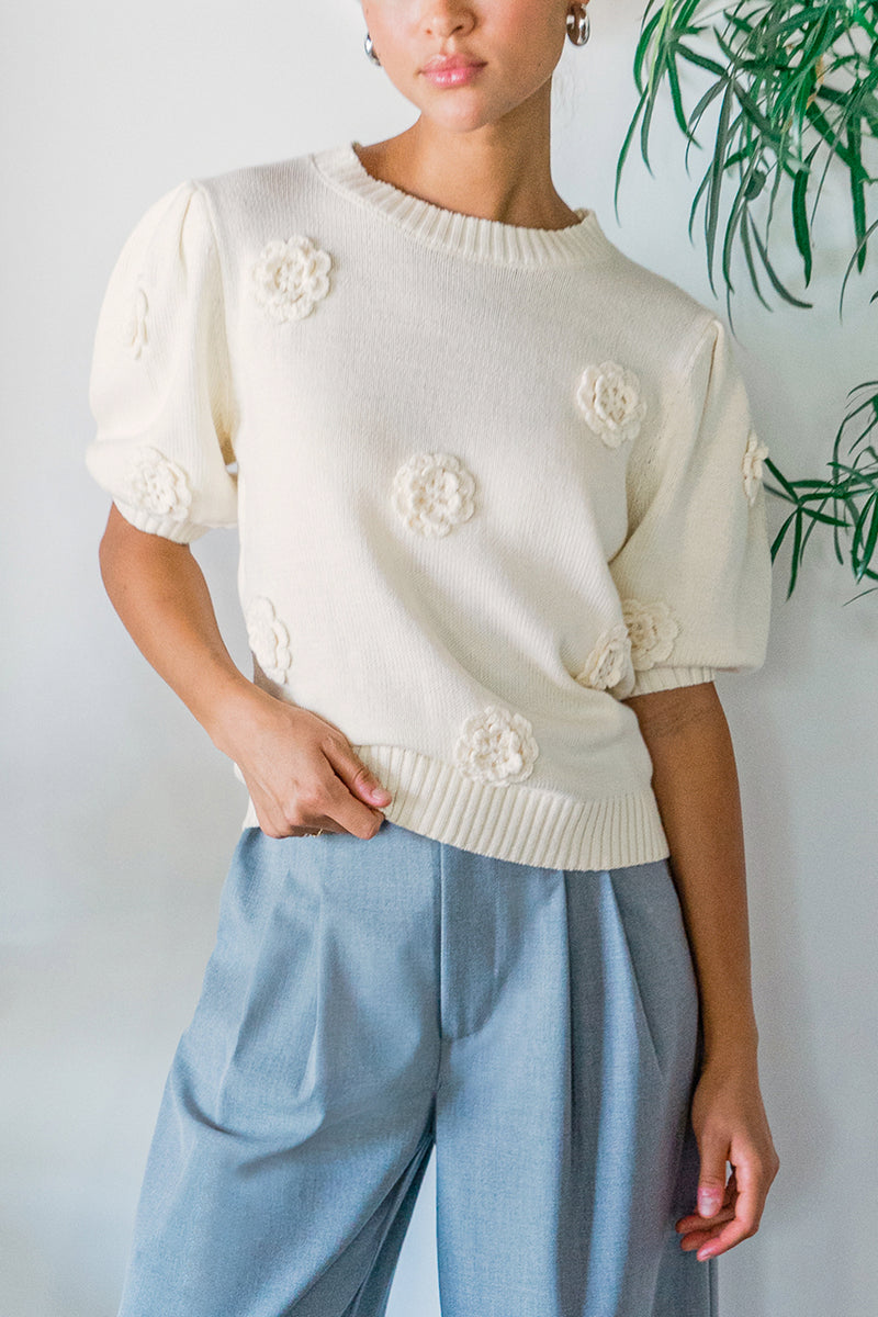 Bria Rosette Puff Sleeve Sweater