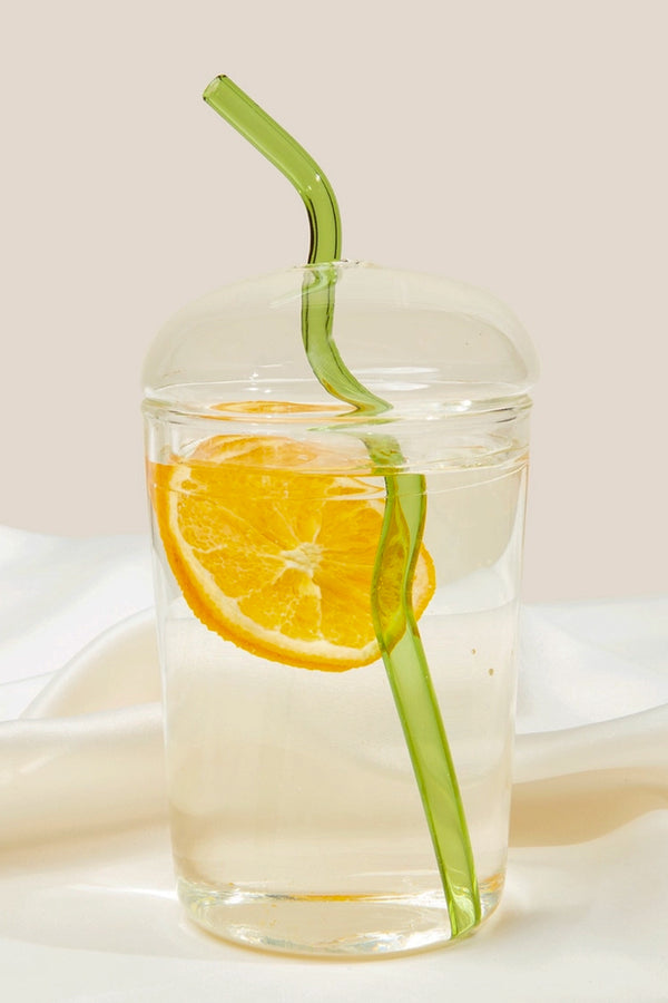 Dome Lid Glass Tumbler with Wavy Straw
