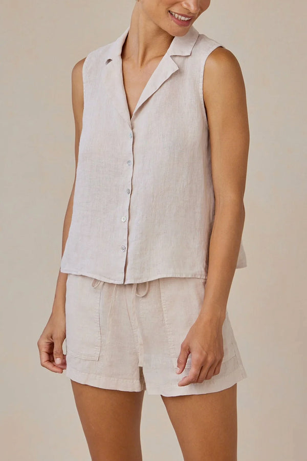 Sleeveless Notch Collar Button Down