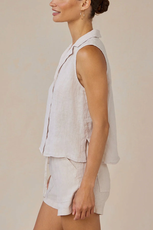 Sleeveless Notch Collar Button Down